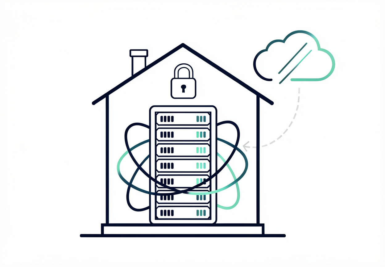 Ilustración de datos circulando dentro de un edificio cerrado con candado, representando que los datos no salen de la empresa